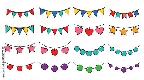 Colorful festive banners and garlands with shapes and lights