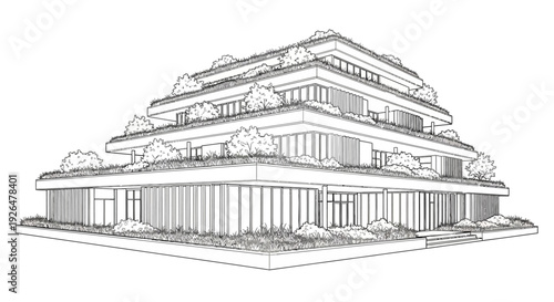 Detailed line drawing of a modern terraced building with green roofs and balconies, showcasing contemporary architecture.