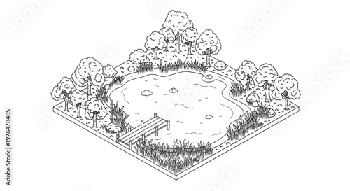 Black and white isometric illustration of a pond surrounded by trees, reeds, and a small pier for recreation, perfect for coloring books, illustrations, or diagrams.