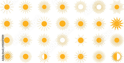 Sun Icon Set with Various Ray Shapes and Styles Vector Illustration