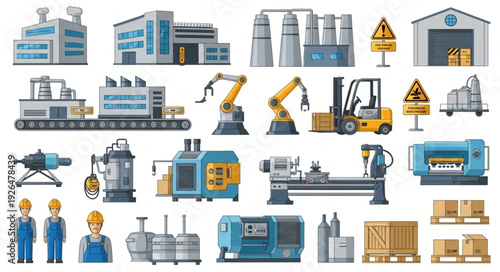 Collection of industrial factory machines and equipment for manufacturing processes.