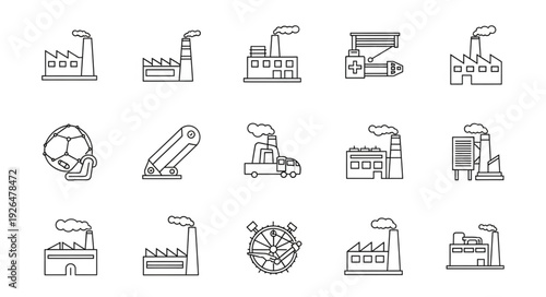 Industrial factory buildings and manufacturing plant icons in a row.