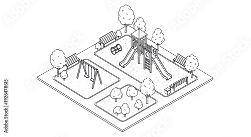 Isometric black and white line drawing showcasing a playground with swings, slides, benches and trees, creating a minimalist yet detailed design suitable for architectural visualizations.