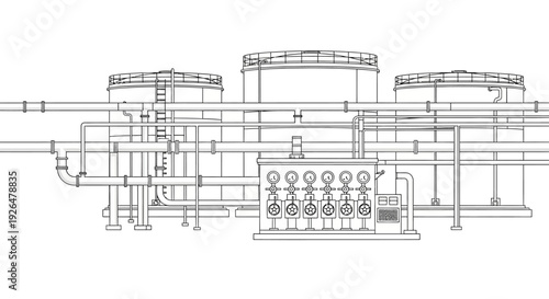 Detailed blueprint of an industrial facility with storage tanks and complex piping system.