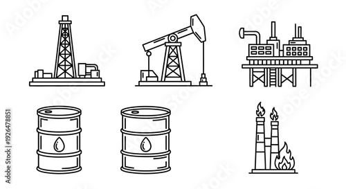 Line art icons depicting various elements of the oil and gas industry, including rigs, pumpjacks, platforms, barrels, and flaring chimneys.