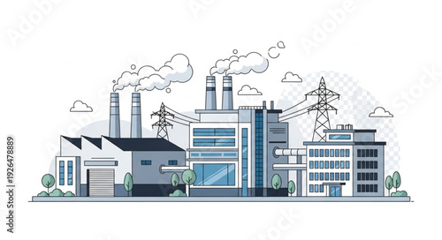 Industrial complex illustration depicting factories and power plants with smoke emissions.