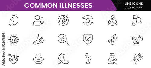 Common Illnesses line icons set. Common Illnesses outline icons with editable stroke collection. These Includes Breast Cancer, Depression, Brain Tumor, Allergy, Diabetes, and More.
