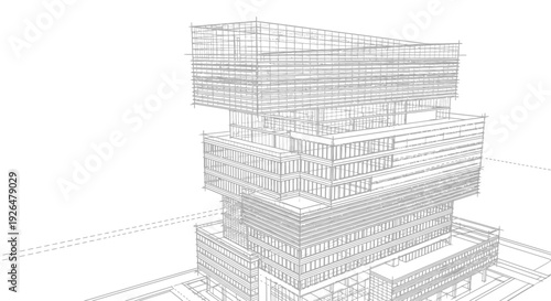 Architectural wireframe sketch of a modern multi-story building with a stacked design and glass facade.