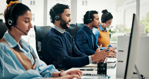 Photography Call center, computer and man with advice, help desk an communication with coworking