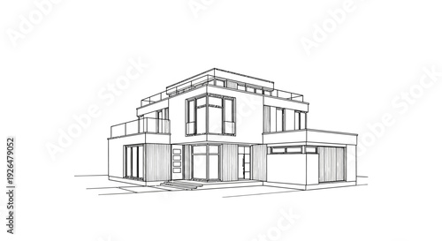 Architectural line drawing of a modern two-story house with large windows and balconies.