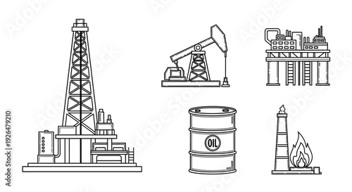 Line art illustration of various oil and gas industry elements including drilling rigs, pumpjacks, offshore platforms, oil barrels, and flare stacks.
