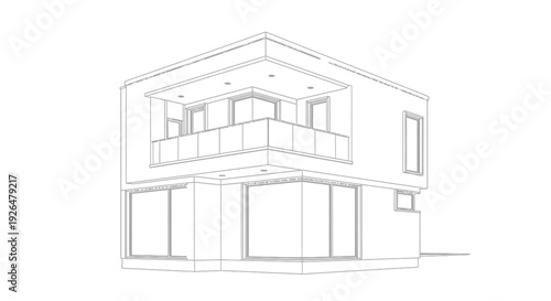 Wireframe rendering of a modern two-story house with large windows and a balcony.