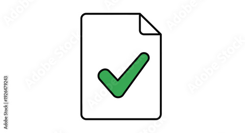 A digital icon depicting a black outlined document with a prominent green checkmark, symbolizing successful completion, validation, approval, or correctness.