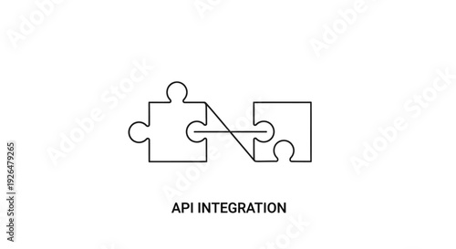 Minimalist line art icon illustrating the complex concept of two interconnected puzzle pieces signifying system integration.