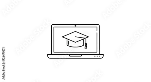 Minimalist line art icon illustrating online education featuring a graduation cap displayed clearly on a laptop screen.