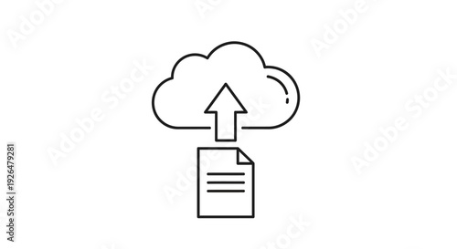 Simple outline icon depicting a document with an upward arrow pointing towards a cloud, indicating data upload and digital storage.