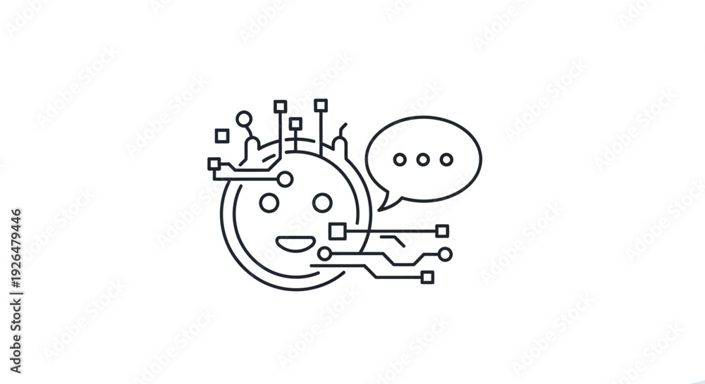 Obraz premium Outline icon representing a smiling artificial intelligence chatbot interface communicating with a stylized speech bubble graphic.