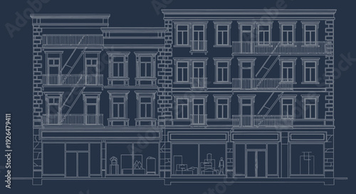 Blueprint style architectural drawing of a classic urban building facade with multiple stories and storefronts.