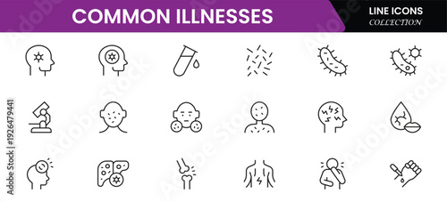 Common Illnesses line icons set. Common Illnesses outline icons with editable stroke collection. These Includes Breast Cancer, Depression, Brain Tumor, Allergy, Diabetes, and More.