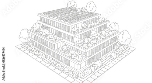 Isometric line drawing of a modern terraced green building with solar panels and lush vegetation on each level.