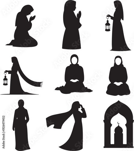 Black silhouettes of women in various poses and traditional clothing