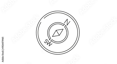 Minimalist line art icon representing a simple compass indicating north and southwest directions clearly