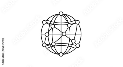 Abstract line art icon depicting a globally connected network structure overlaid on a stylized wireframe globe.