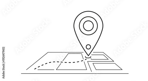 An outline illustration of a map with a location pin marker and a dashed route, representing navigation, travel, or a destination.