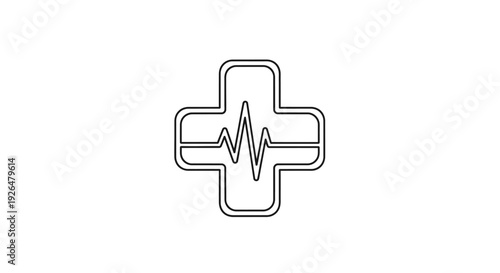 A minimalist outline icon depicting a medical cross symbol with a dynamic heartbeat line, representing health, care, and vital signs.