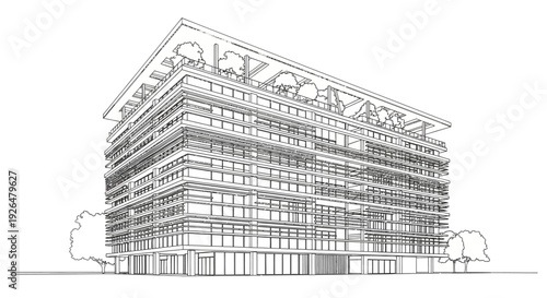Architectural line drawing of a modern multi-story building with a distinctive roof and green spaces.