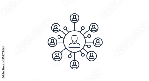 Abstract outline icon illustrating a central user connected to a network of surrounding user profiles symbolizing relationship management and collaboration.
