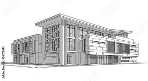 Detailed architectural rendering of a modern multi-story building with large windows and contemporary design features.