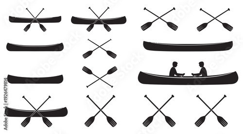 Black silhouette canoe and paddle icon set, water sports, outdoor adventure, kayaking, canoeing, boating, lake, river, recreation, travel, vector illustrations