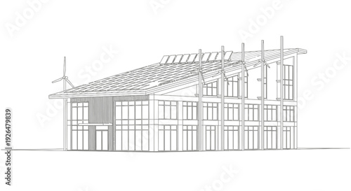 Architectural line drawing of a modern sustainable building with solar panels and a wind turbine on the roof, featuring large windows and a contemporary design.