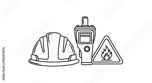 Outline illustration of a hard hat, walkie-talkie, and fire hazard sign, representing workplace safety and communication.