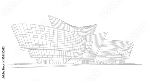 Architectural wireframe drawing of a modern, curvilinear building with multiple glass facades and a distinctive roofline.