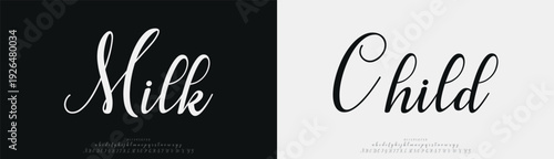 Milk Child, Script luxury wedding alphabet letters font with tails. Typography elegant classic serif fonts and number decorative vintage retro concept for logo branding. vector illustration
