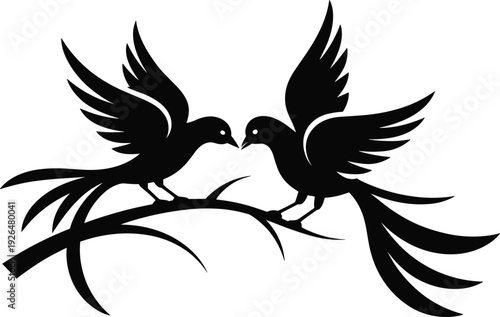 Romantic love birds silhouette vector illustration, kissing couple on tree branch isolated white background minimalist design