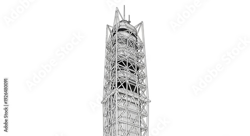 A detailed view of a tall, modern metallic tower structure against a white background.