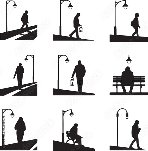 black silhouettes of people walking and sitting on sidewalk with street lamps  urban city life
