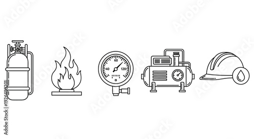 Line art icons depicting industrial safety equipment and hazards, including a gas cylinder, fire, pressure gauge, pump, and hard hat with a water drop.