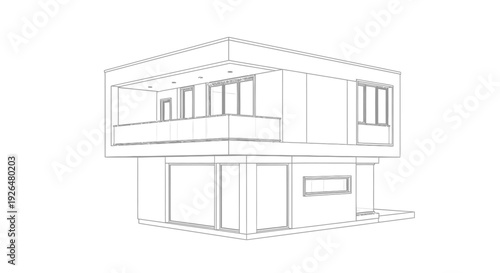 Wireframe drawing of a modern two-story house with flat roof and large windows.