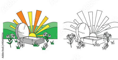 Easter Resurrection Empty Tomb Illustration Color and Line Art Coloring Page with Sunrise and Lilies