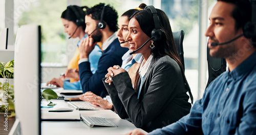 Foto Virtual assistant, people and woman with technology in call center, customer support and communication