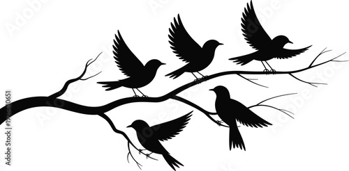 Black bird silhouettes on tree branch, flying and perching birds isolated on white background vector illustration