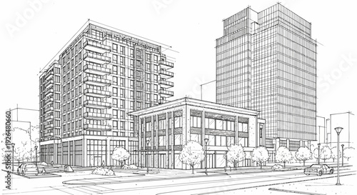 Architectural sketch of a modern urban street scene with multiple buildings.