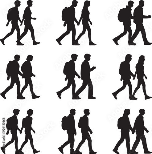 black silhouettes of people walking in various poses and pairs on white background