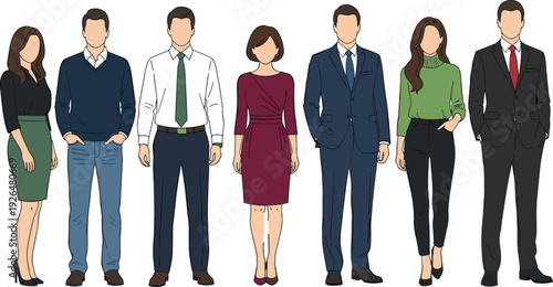 Diverse business people standing in different outfits, professional office staff fashion collection, flat vector illustration corporate team concept