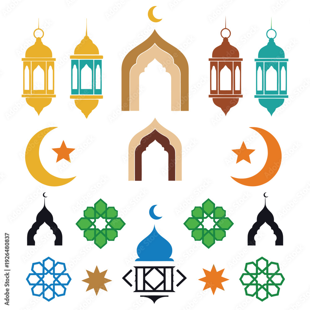 Obraz premium Colorful set of Islamic symbols with lanterns and crescent moons