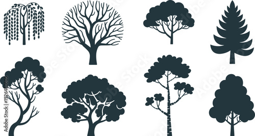Set of detailed tree silhouettes collection, various forest and evergreen trees isolated on white background vector illustration